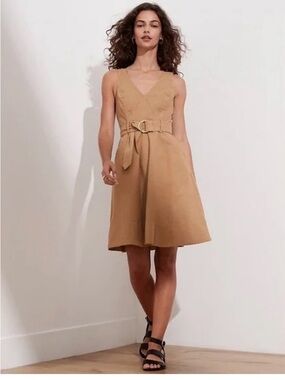 Banana Republic Sleeveless V-Neck Belted Midi Dress in Camel